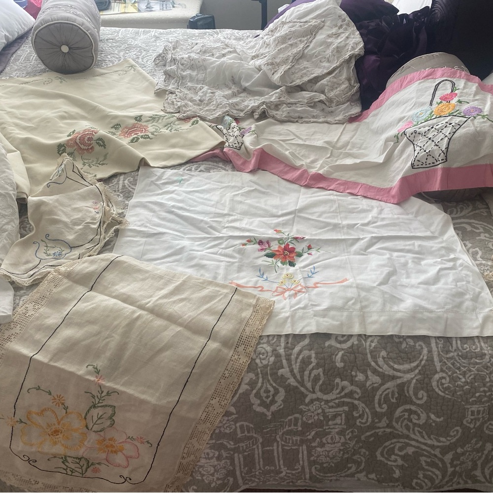 Several vintage embroidered tablecloth runners pillowcase more